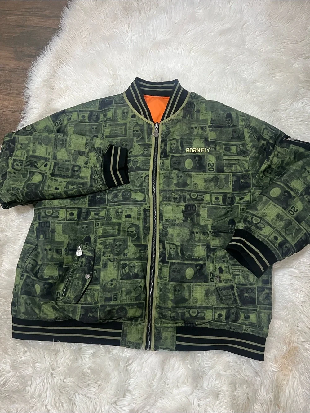 5XL Men’s Green Money-Print Bomber Jacket with Orange Lining